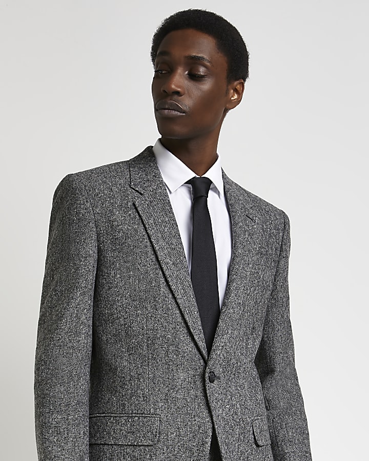 Grey slim fit textured check suit jacket