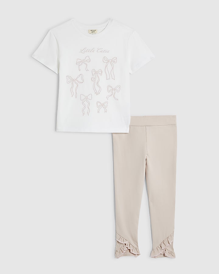Mini Girls Cream Little Cutie Bow T-Shirt Set