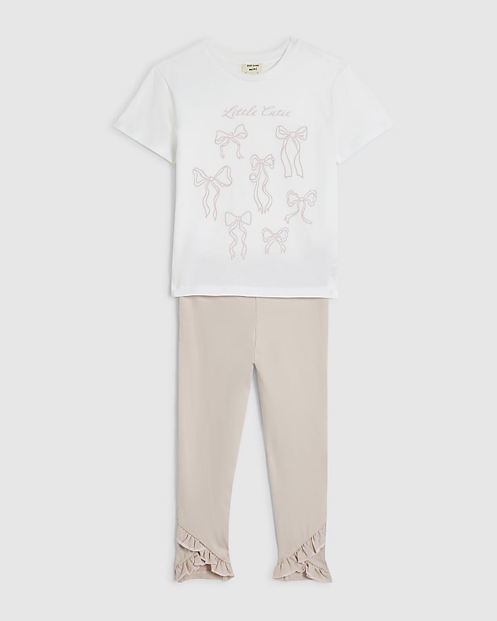 Mini Girls Cream Little Cutie Bow T-Shirt Set