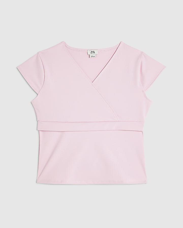 Girls Pink Cross Over Fitted Top