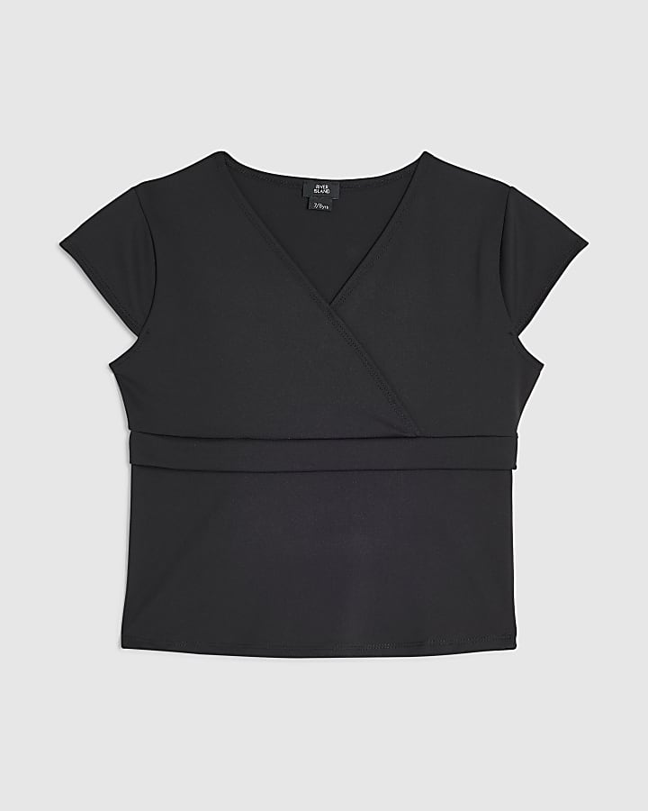 Girls Black Cross Over Fitted Top