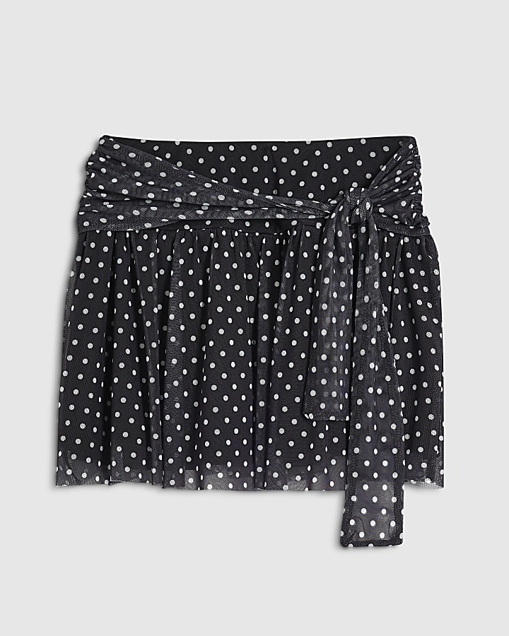Girls Black Spot Tie Pleated Mini Skirt