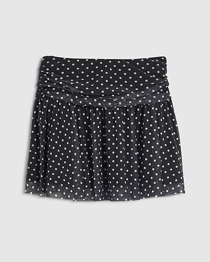 Girls Black Spot Tie Pleated Mini Skirt