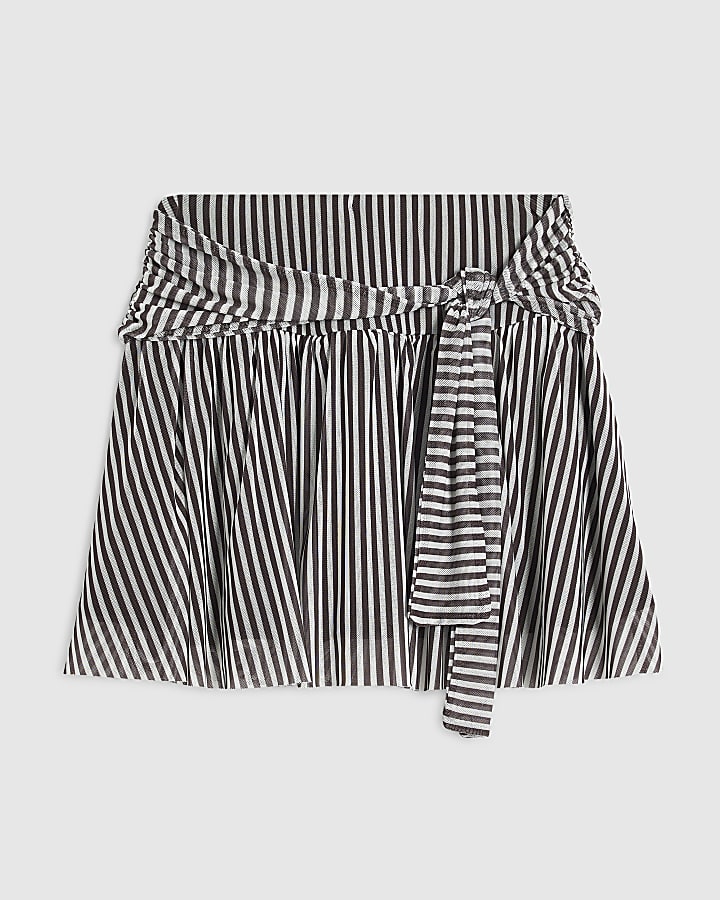 Girls Black Stripe Tie Pleated Mini Skirt