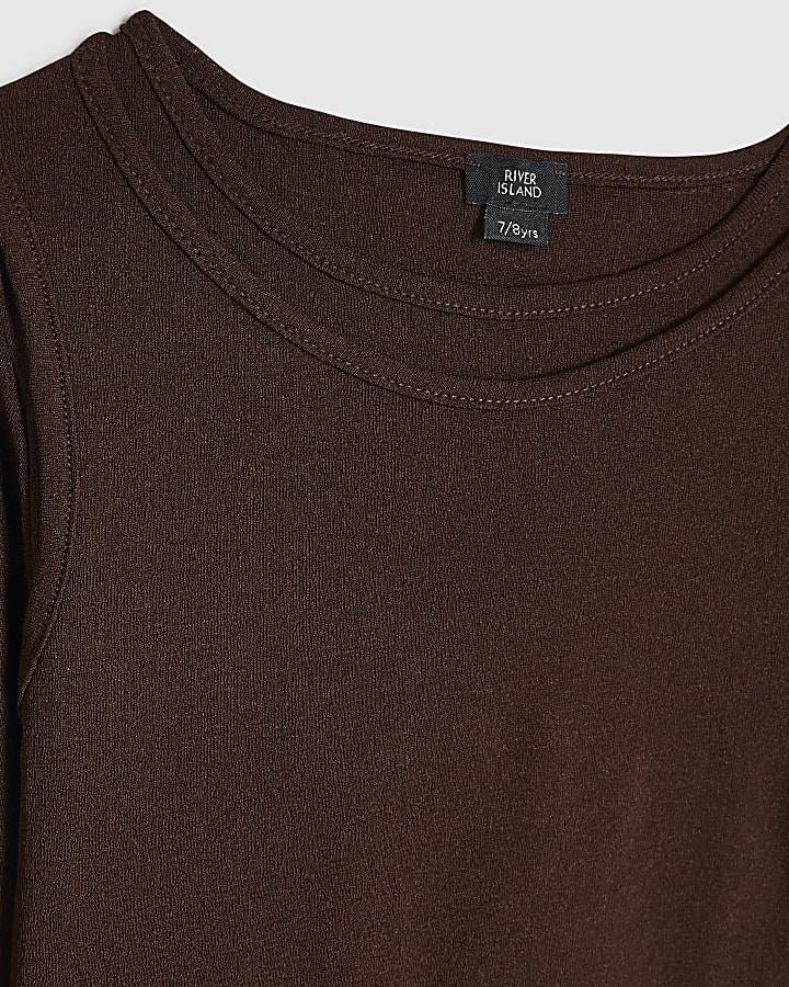 Girls Brown Double Layer Long Sleeve Top