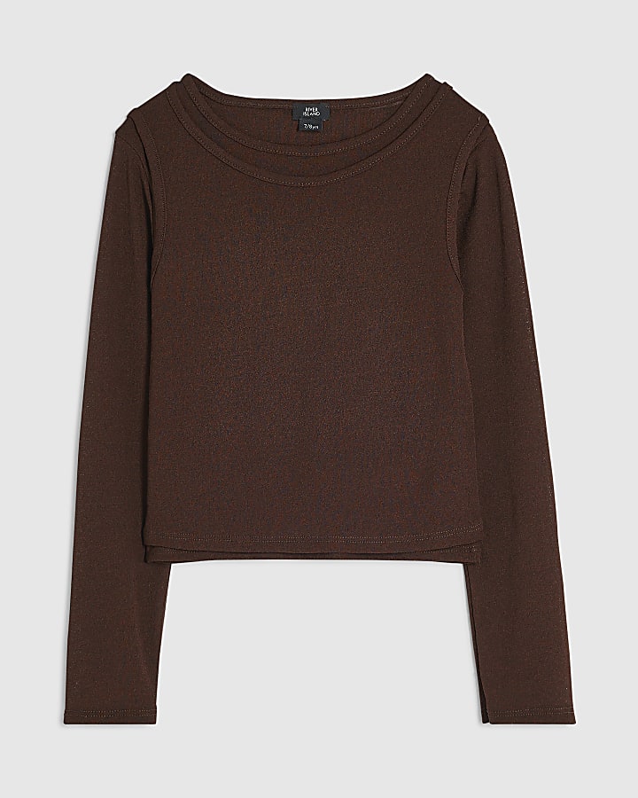 Girls Brown Double Layer Long Sleeve Top