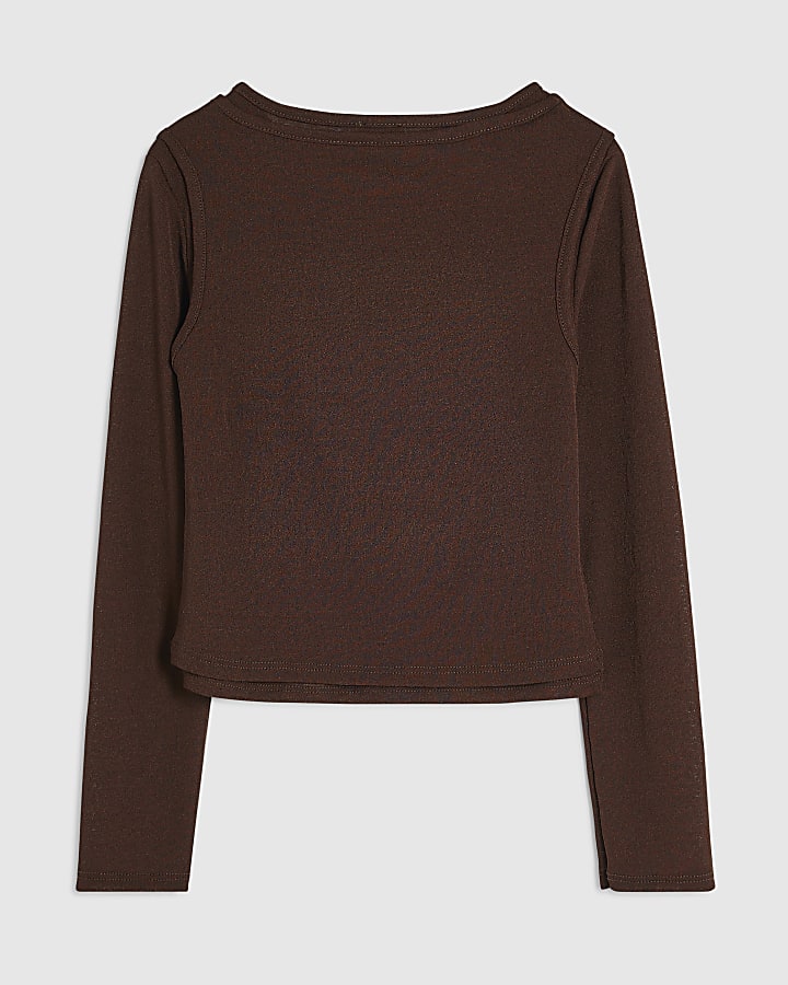 Girls Brown Double Layer Long Sleeve Top