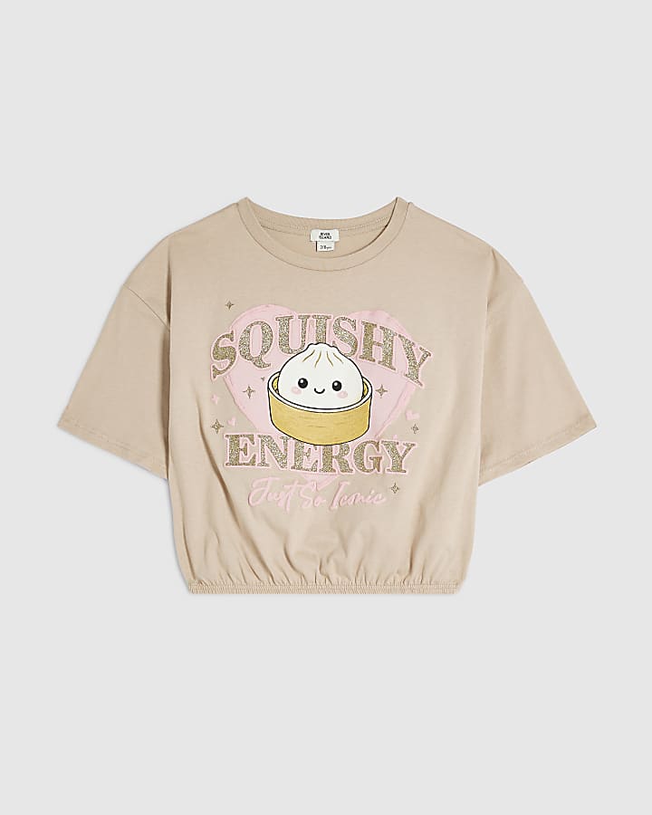 Girls Beige Squishy Dumpling Cinched T-Shirt