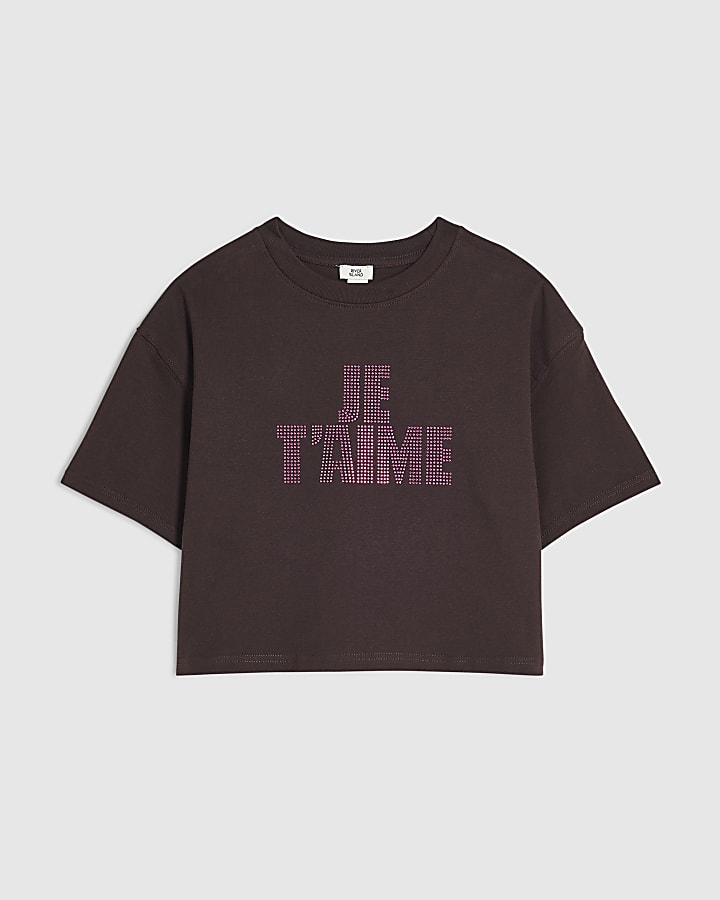 Girls Brown Je T'aime Stud T-Shirt
