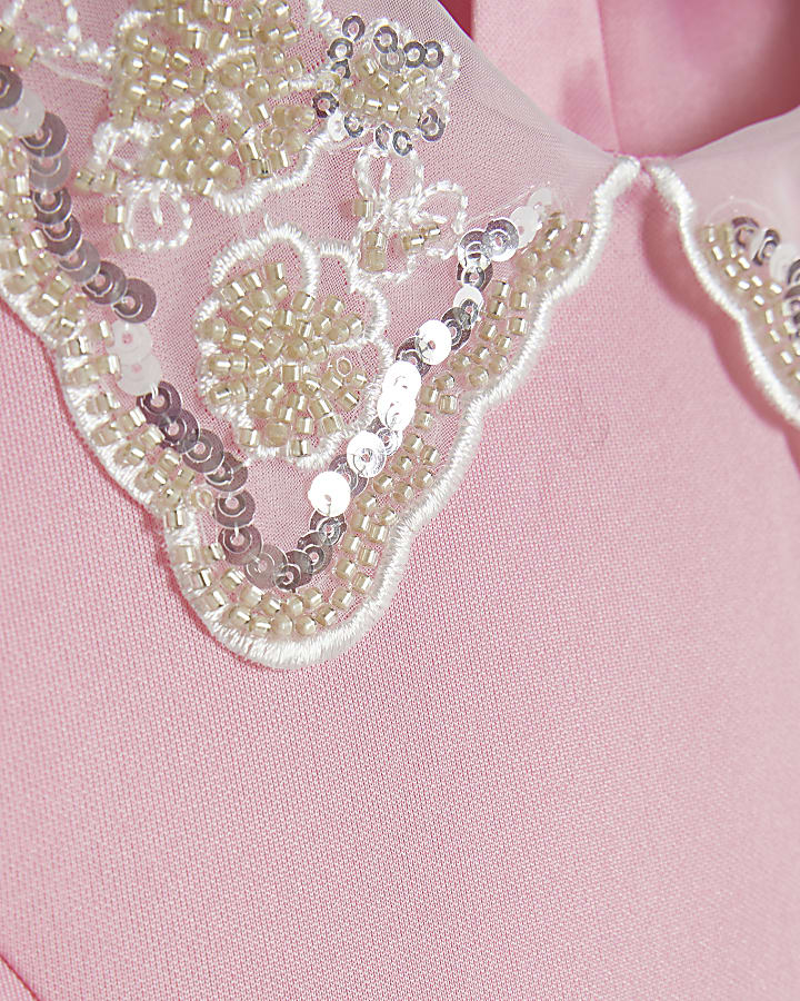 Girls Pink Premium Embellished Collar Dress