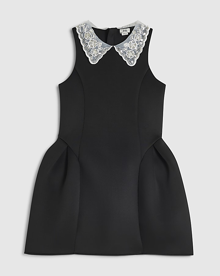 Girls Black Premium Embellished Collar Dress