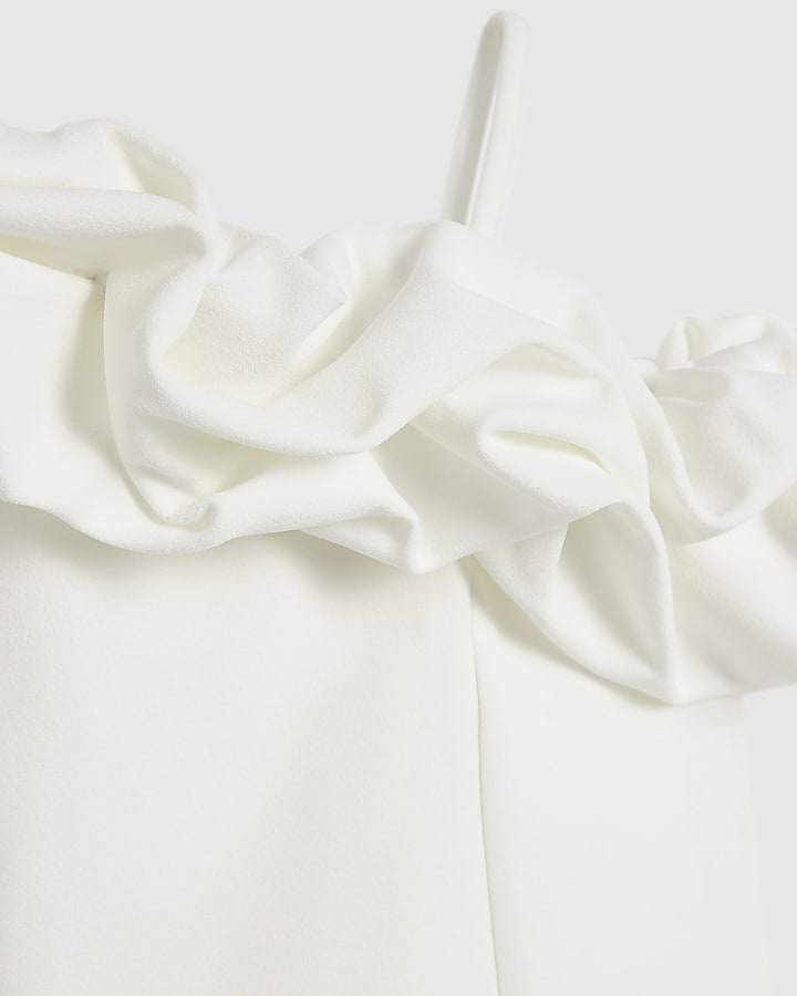 Girls White Ruffle One Shoulder Top