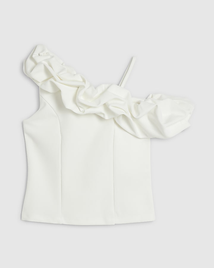 Girls White Ruffle One Shoulder Top