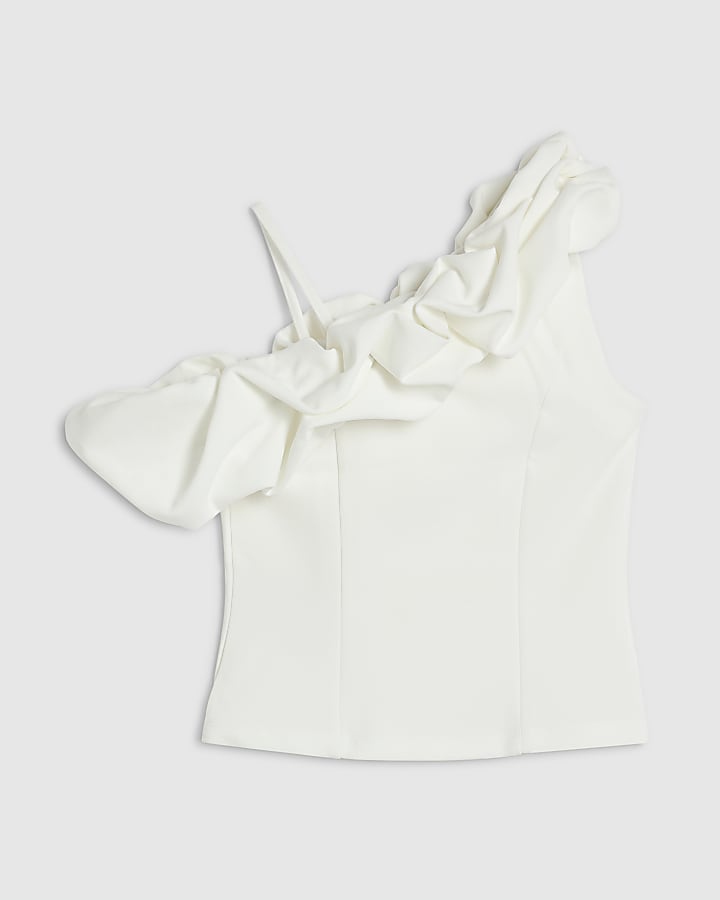 Girls White Ruffle One Shoulder Top
