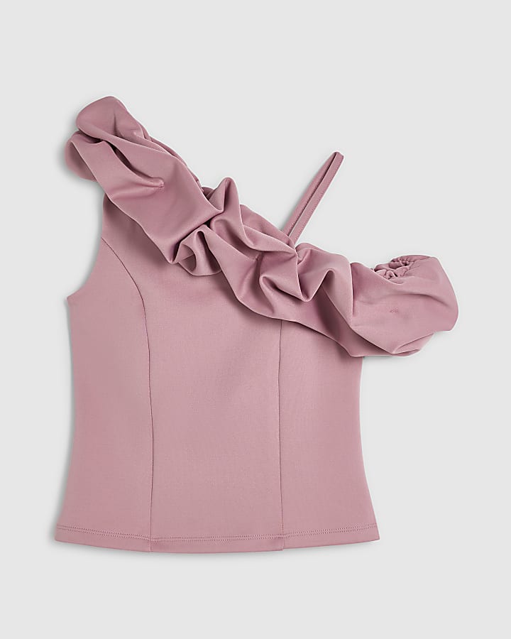 Girls Pink Ruffle One Shoulder Top