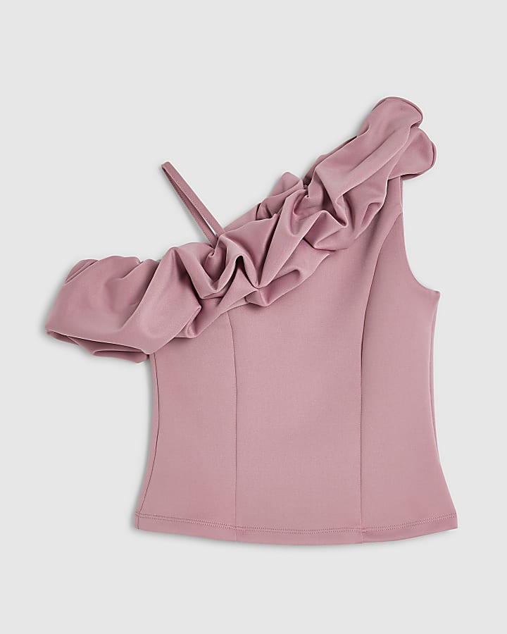 Girls Pink Ruffle One Shoulder Top