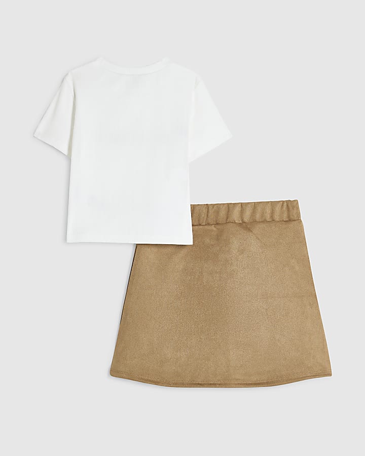 Girls Brown Faux Suede Skirt Set