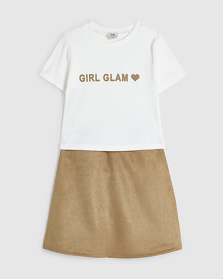 Girls Brown Faux Suede Skirt Set