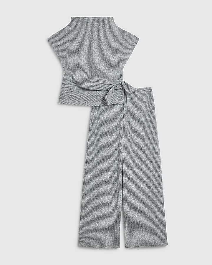 Girls Grey Twist Top and Wide Leg Set
