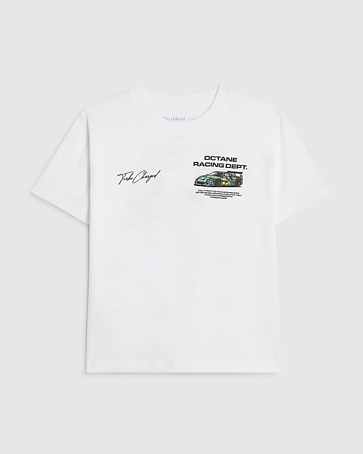 Boys White Racing Print T-Shirt
