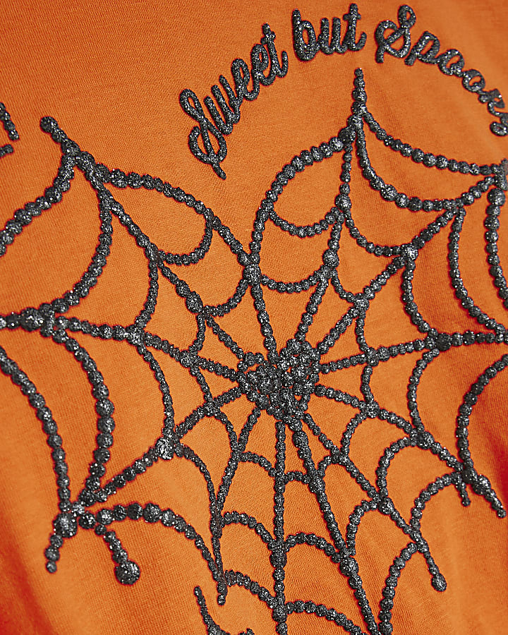Girls Orange Halloween Cinch Spider T-Shirt