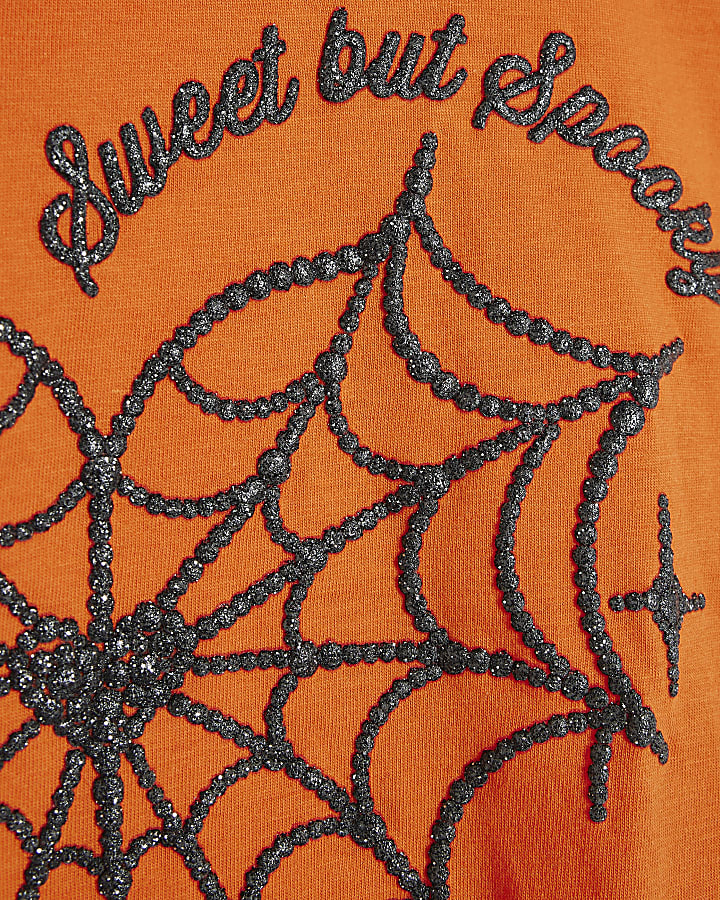 Girls Orange Halloween Cinch Spider T-Shirt