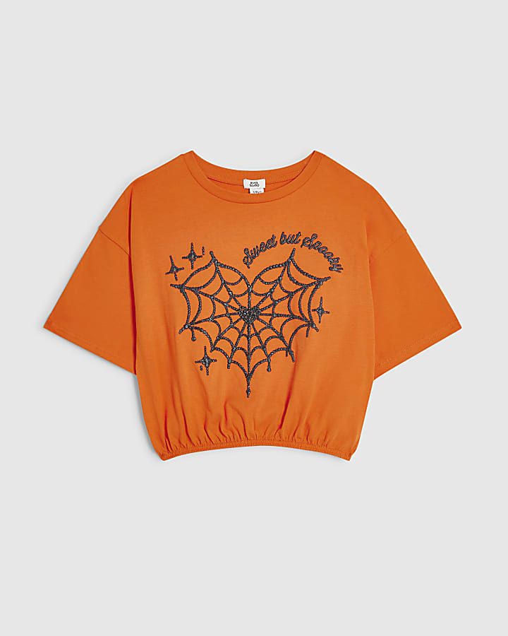Girls Orange Halloween Cinch Spider T-Shirt