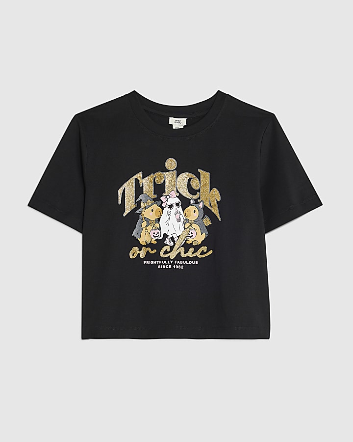 Girls Black Halloween Trick or Chic T-Shirt