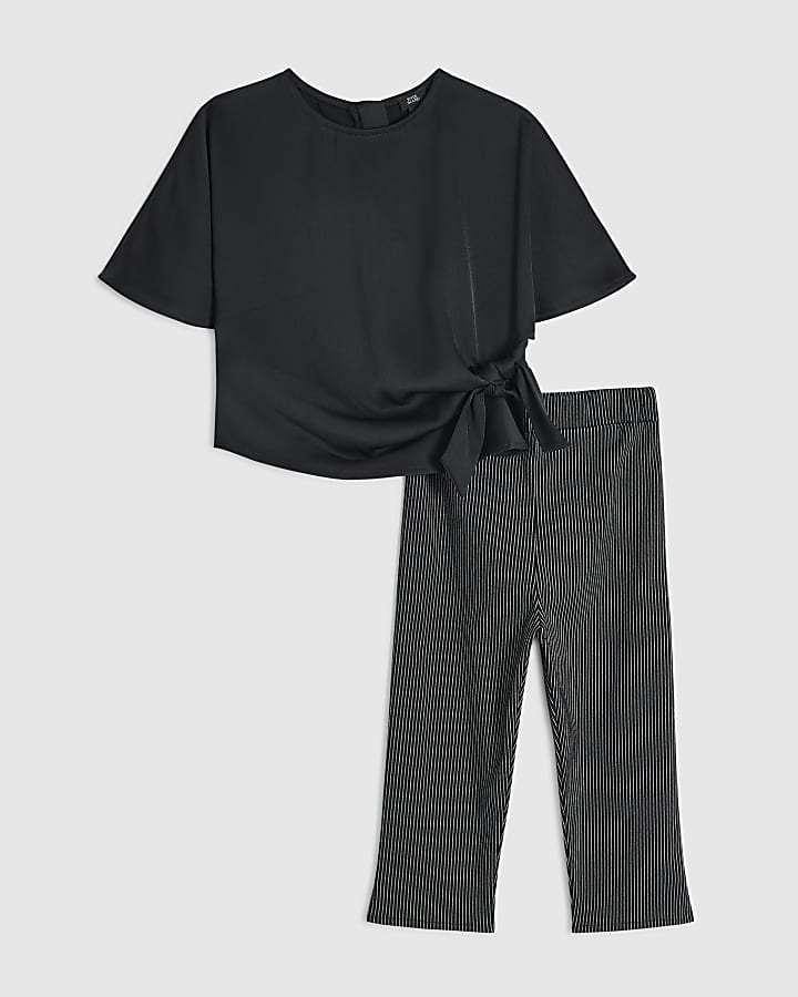 Girls Black Side Tie Top Set
