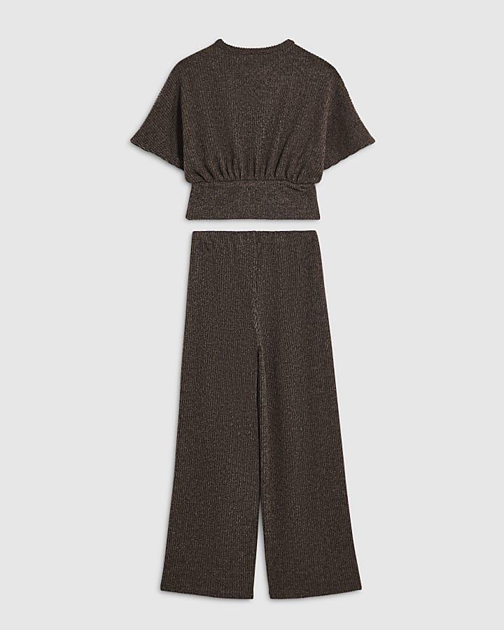 Girls Brown Cinch Waist Wide Leg Trousers Set