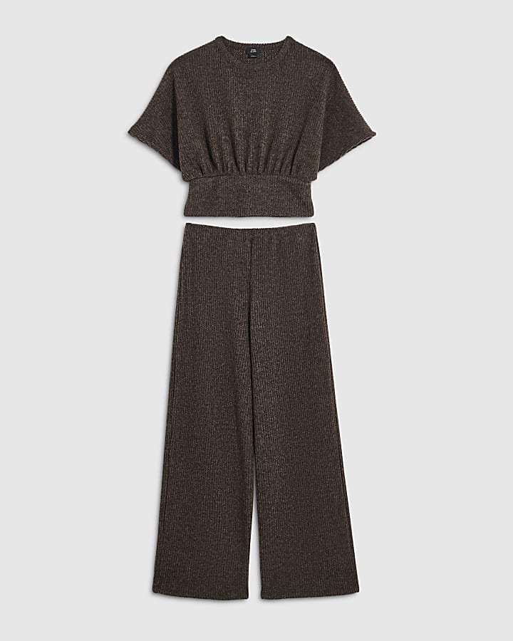Girls Brown Cinch Waist Wide Leg Trousers Set