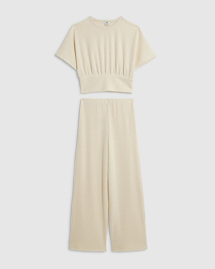 Girls Cream Ribbed Cinch Waist Wide Leg Set