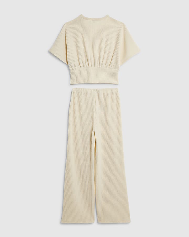 Girls Cream Ribbed Cinch Waist Wide Leg Set