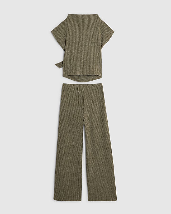 Girls Khaki Rib Twist Top and Trousers Set