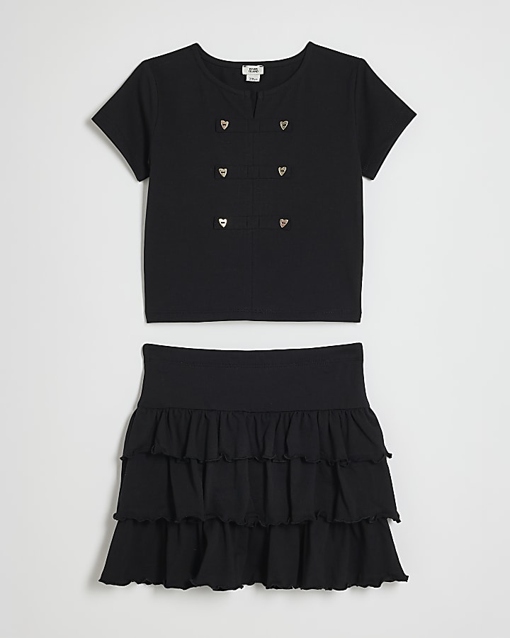 Girls Black Tiered Skirt Set