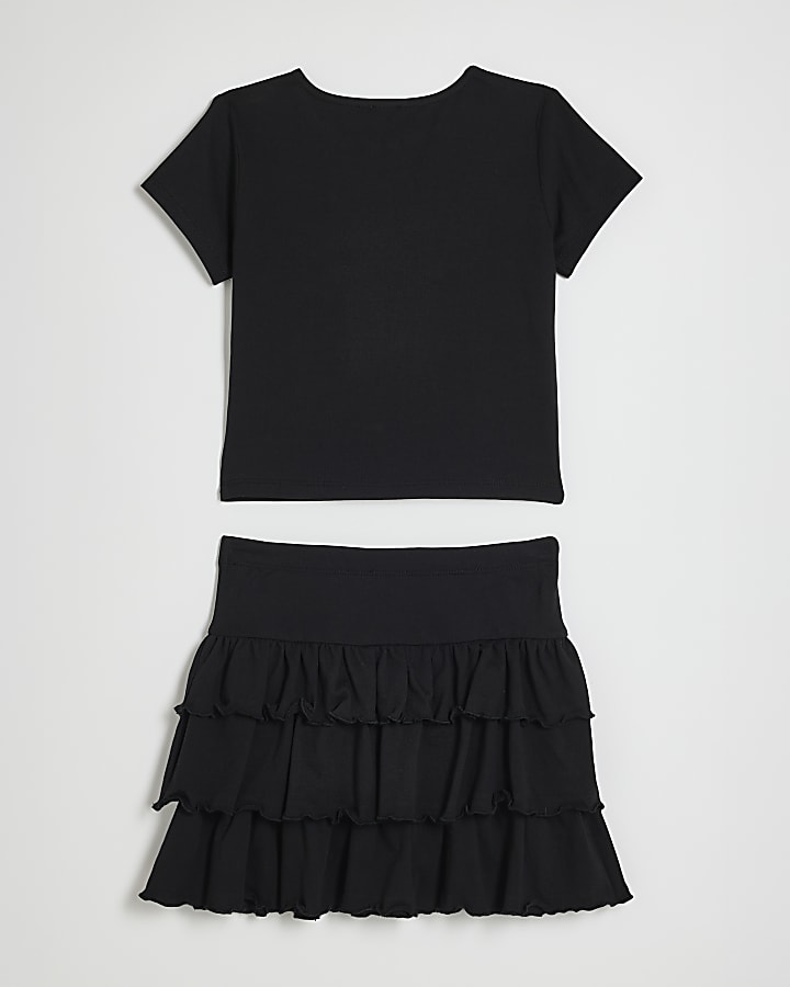 Girls Black Tiered Skirt Set