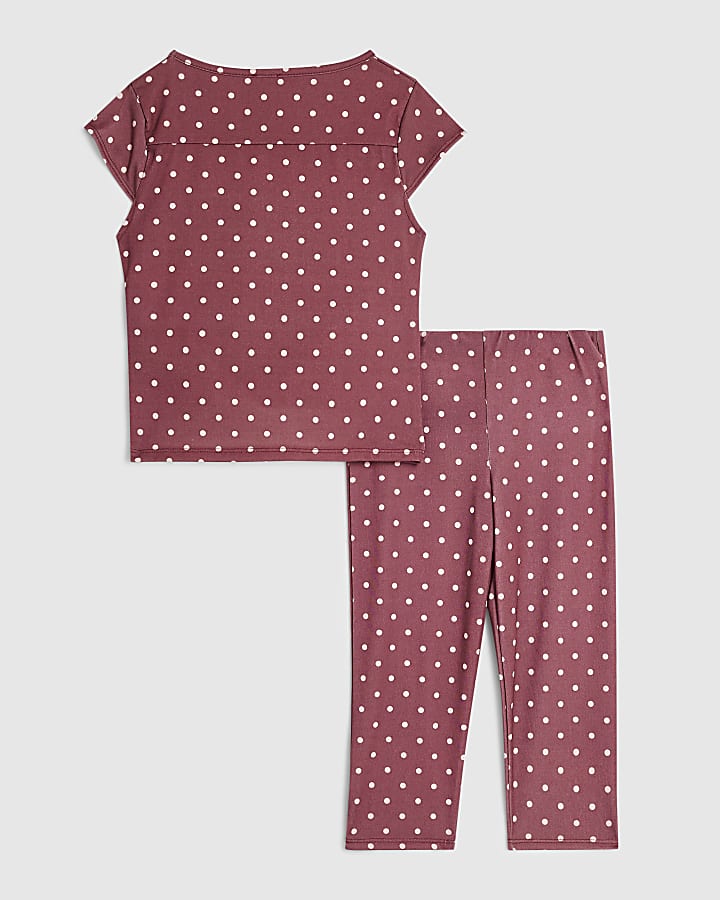 Girls Burgundy Tie Side Spot Capri Top Set