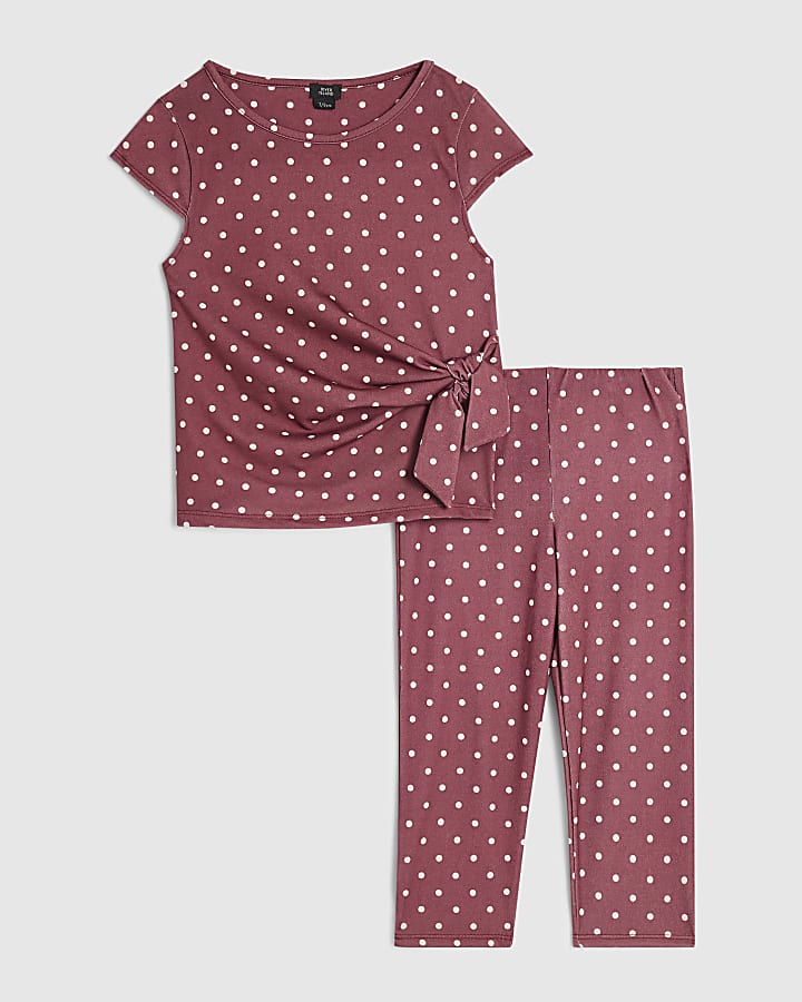 Girls Burgundy Tie Side Spot Capri Top Set