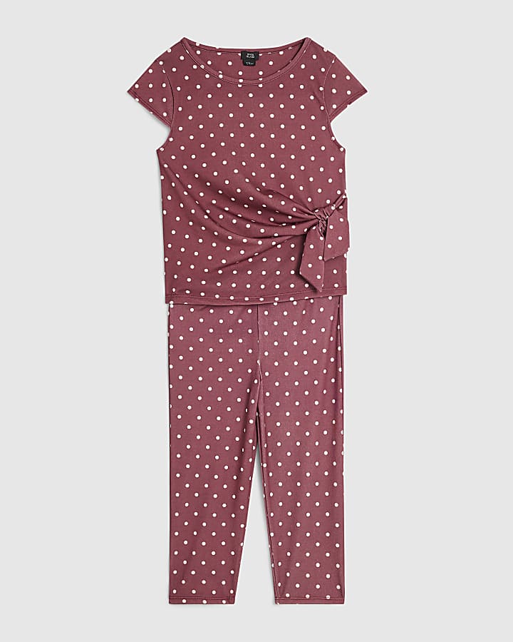 Girls Burgundy Tie Side Spot Capri Top Set