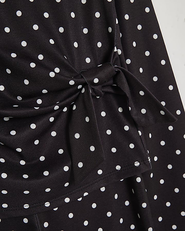 Girls Black Tie Side Spot Top & Trouser Set