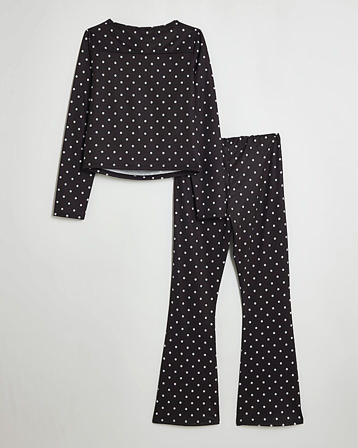 Girls Black Tie Side Spot Top & Trouser Set