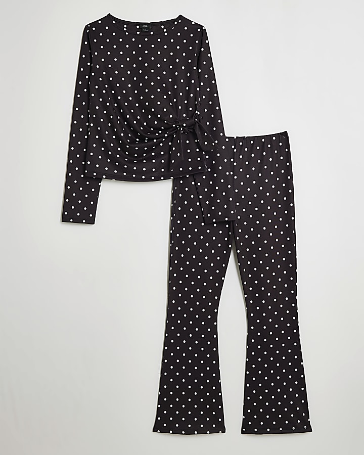 Girls Black Tie Side Spot Top & Trouser Set
