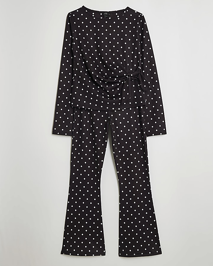 Girls Black Tie Side Spot Top & Trouser Set