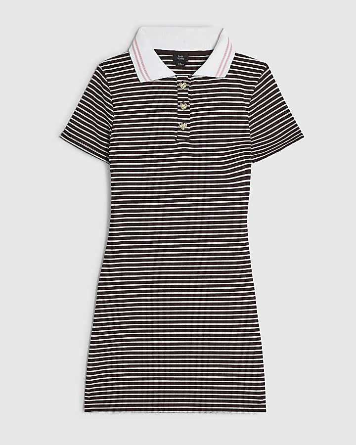 Girls Brown Stripe Polo Shirt Dress