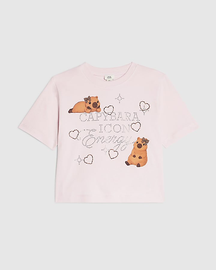 Girls Pink Capybara Icon Embellished Crop Top
