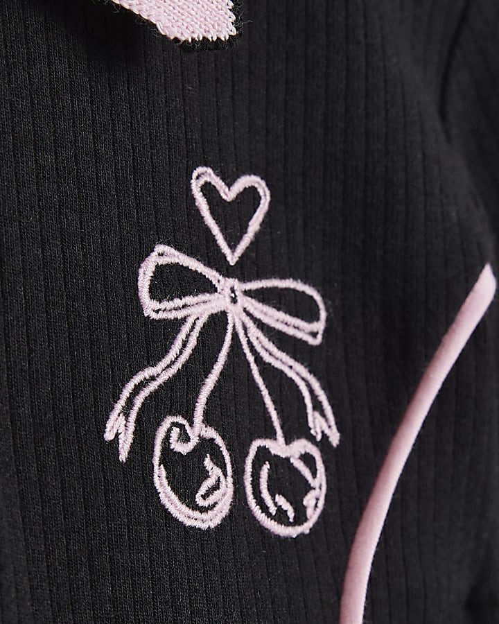 Girls Black Ribbed Zip Cherry Polo Dress