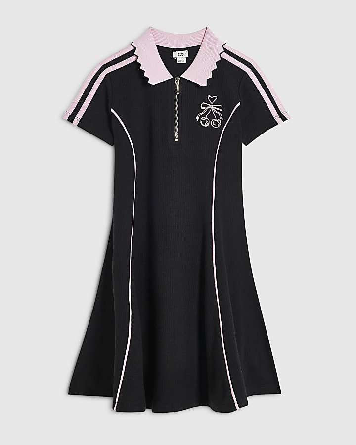 Girls Black Ribbed Zip Cherry Polo Dress