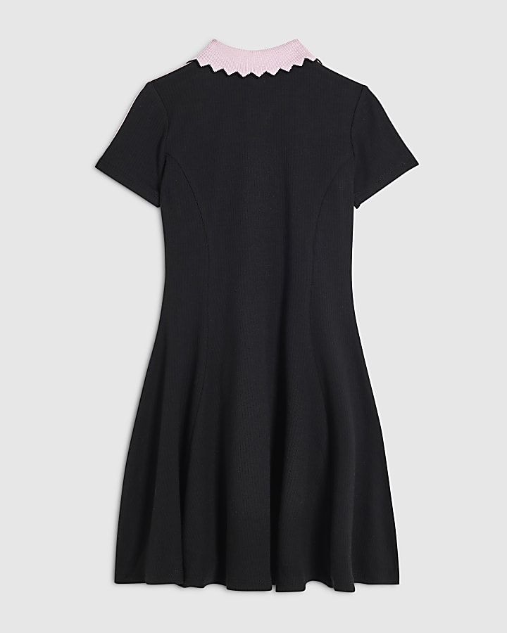 Girls Black Ribbed Zip Cherry Polo Dress