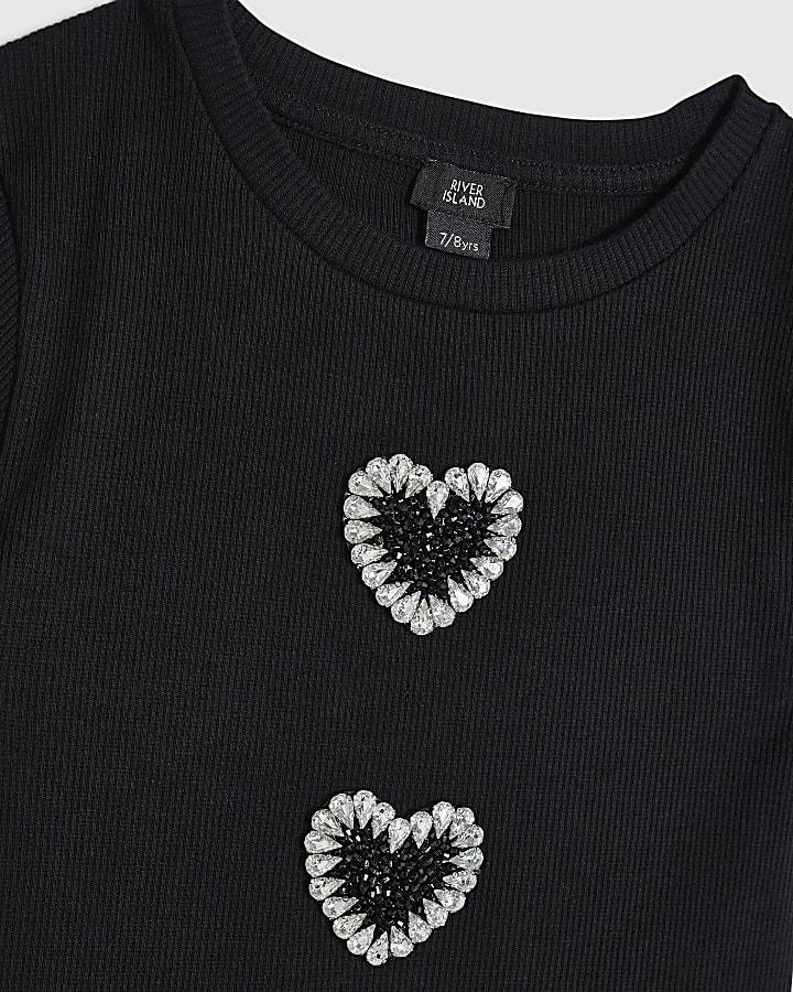 Girls Black 3D Diamante Heart Top Set