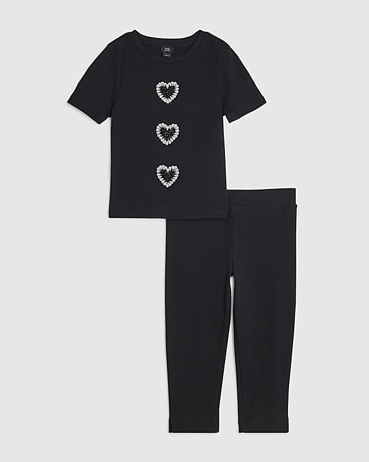 Girls Black 3D Diamante Heart Top Set